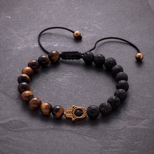 Stainless Steel Rose IP-plated Hamsa With 6mm Tigers Eye & Lava Stone Bracelet